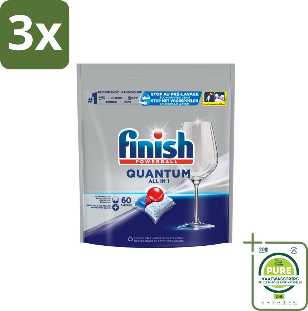 3 x Finish – Vaatwastabletten – Quantum All-in-1 – 60 Capsules - Grootverpakking - Vaatwastabletten - Vaatwasser - Diepe Reiniging - Glans - Vaatwascapsules