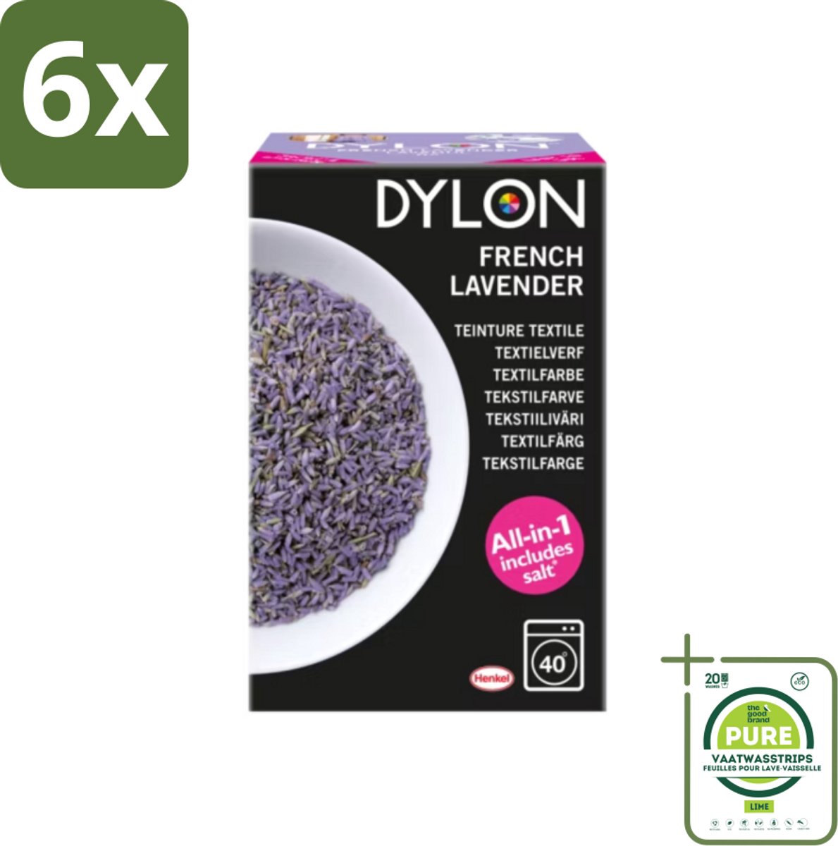 Dylon - Textielverf - French Lavender - All-in-One - Inclusief Zout - 350g - Voordeelverpakking - 6 stuks - Textielverf - Dylon