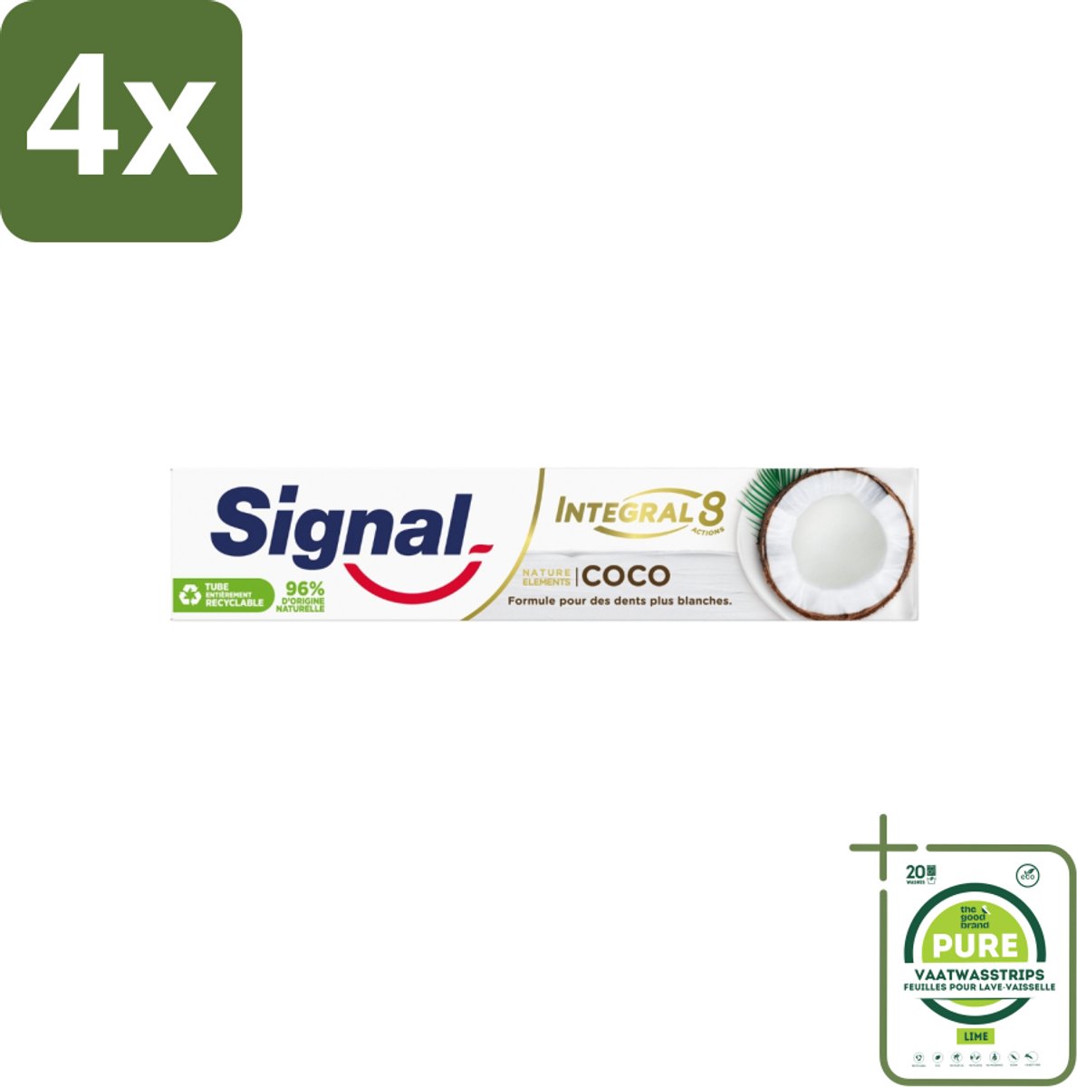 Signal - Integral & Actions - Tandpasta - Natuurlijke Elementen - Kokos - Voor Witte Tanden - 75 ml - Voordeelverpakking - 4 stuks - Tandpasta - Signal