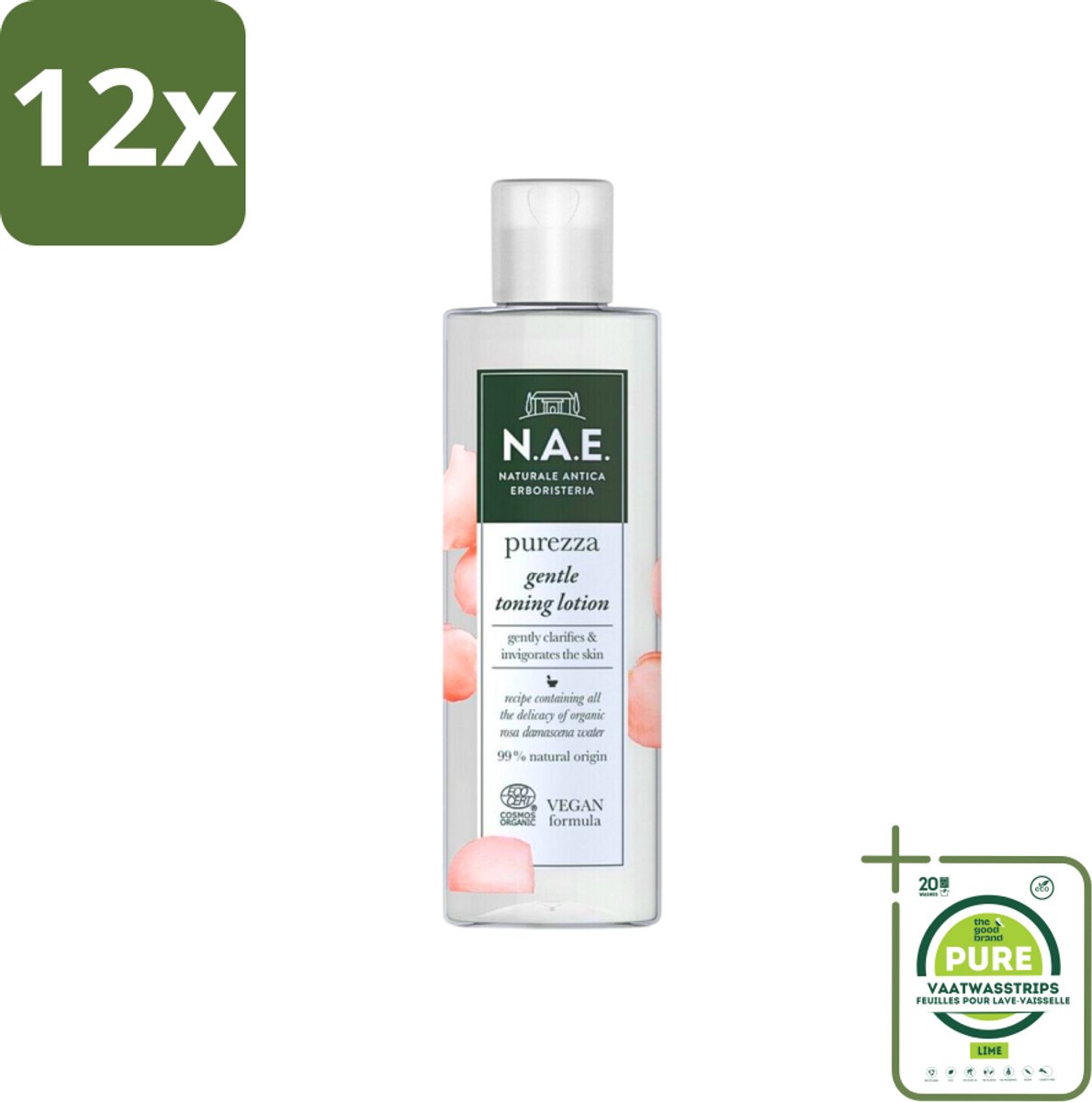 N.A.E. - Toning Lotion - Zuiverend & Hydraterend - Biologisch & Vegan - 200ml - Voordeelverpakking - 12 stuks - Biologische toner - Rozenwater toner