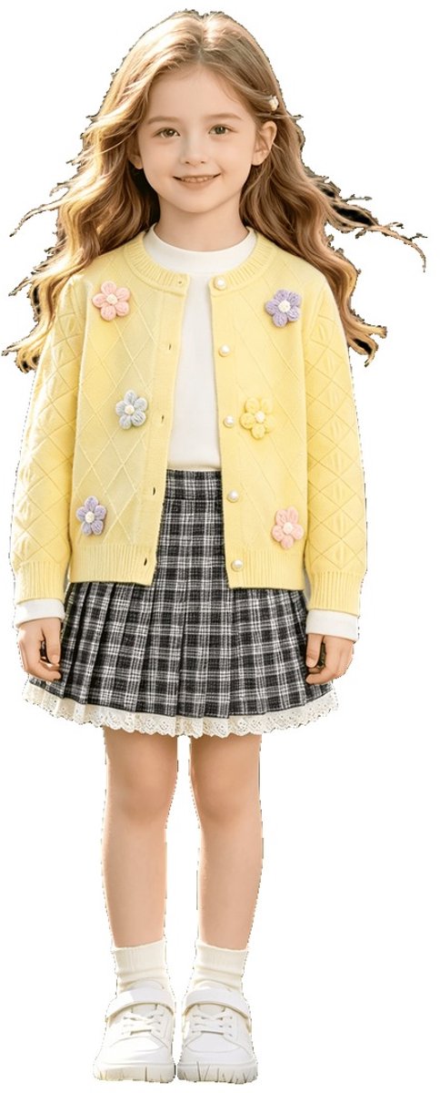 Currero Cardigan Meisjes Vest Meisje Met Knopen Kinderen Warm Gebreid Vest Long 5-6 Jaar Geel