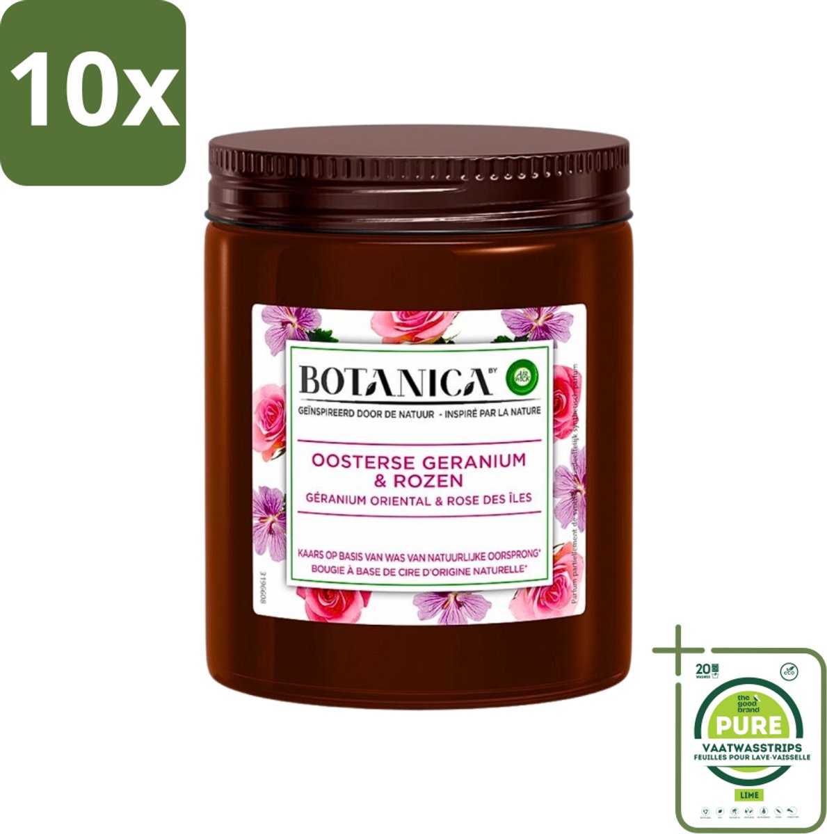 10 x Botanica by Air Wick - Geurkaars - Geranium & Rozen - 40 Uur Brandduur - Grootverpakking - Geurkaars - Botanica - Air Wick - Geranium - Rozen