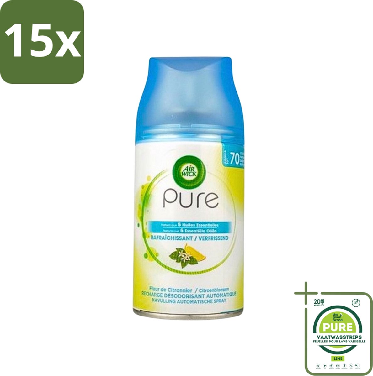 15 x Air Wick Freshmatic - Luchtverfrisser Navulling - Pure Essentiële Oliën Verfrissend - 250ml - Grootverpakking - Luchtverfrisser - Geurverspreider - Essentiële Oliën - Air Wick Freshmatic - Langdurige Geur