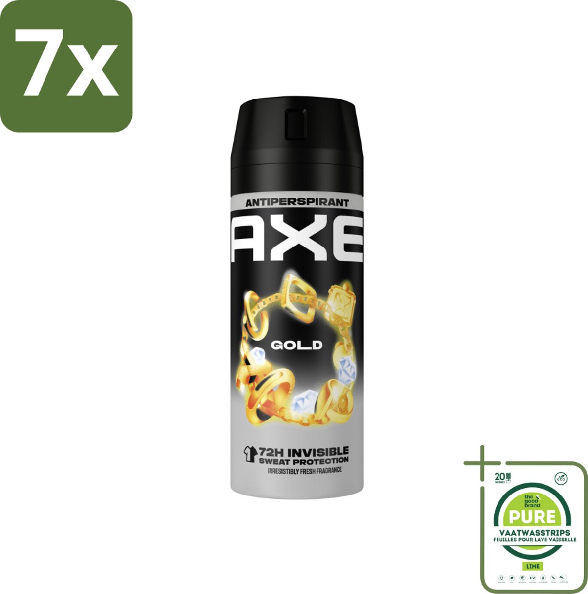7 x Axe - Deodorant Spray - 72hrs Anti Sweat - Anti White Marks - Gold - 150 ml - Grootverpakking - Anti-transpirant - Deodorant - Axe Gold - Oud Wood - Vanille
