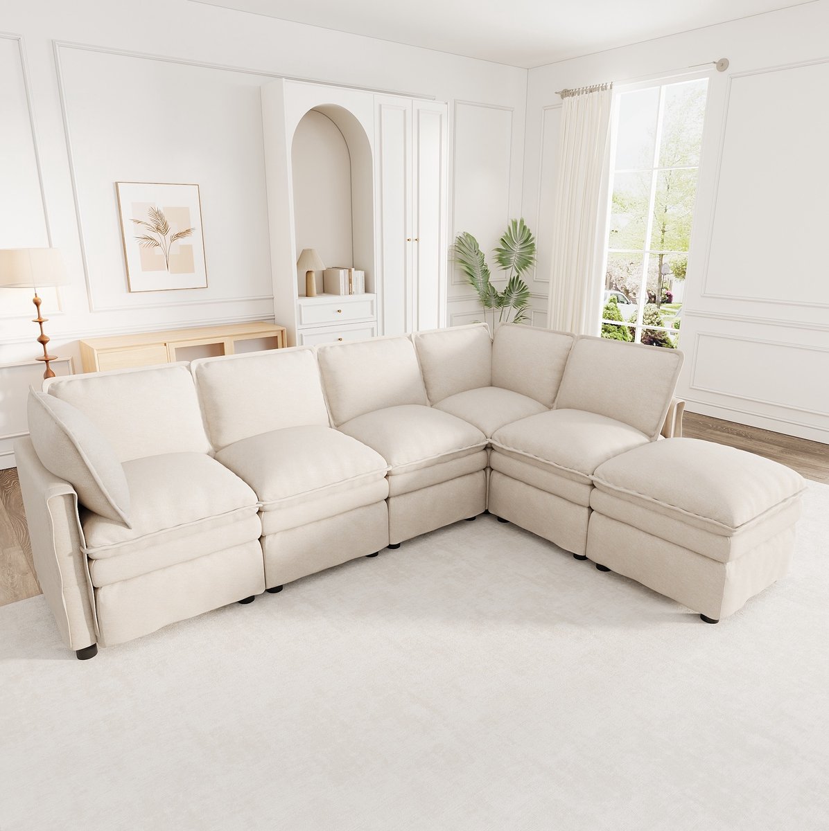 COVREO U-bank 344 x 127 x 91 cm beige chenille, 6-zits met slaapfunctie