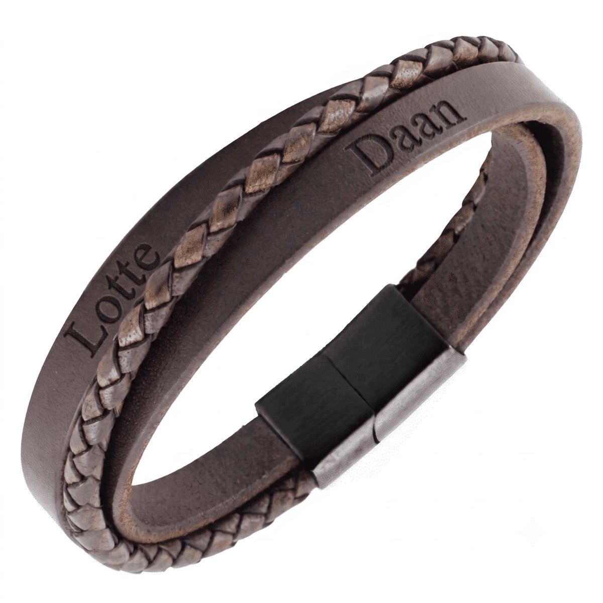 Mbrace XXXL Herenarmband Leer Bruin met Gratis Gravering – Gepersonaliseerde armband met Namen of Tekst – Polsomvang 22 cm – Lengte: 24 cm