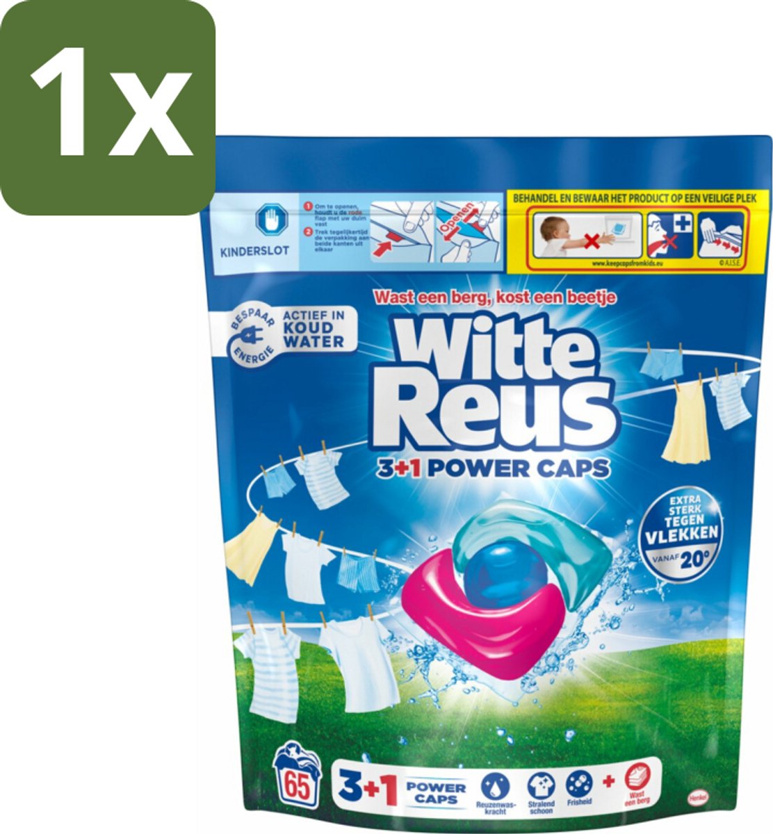 1 x Witte Reus - 3+1 Power Caps - Witte Was - 65 Wasbeurten - Wasmiddel - Witte Was - Wasresultaat - Vlekverwijdering - Frisheid