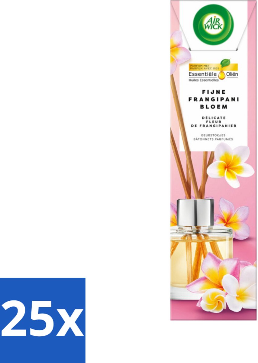 25 x Air Wick - Geurstokjes - Delicate Frangipani Bloemen - Essentiële Oliën - 40 ml - Frangipani Geur - Geurstokjes - Luchtverfrisser - Essentiële Oliën - Tropische Geur