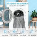 Grijze deken hangt uit een open wasmachine. Iconen tonen 'No Fading', 'No Shrinking', 'Anti Pilling', 'Anti Wrinkling'.