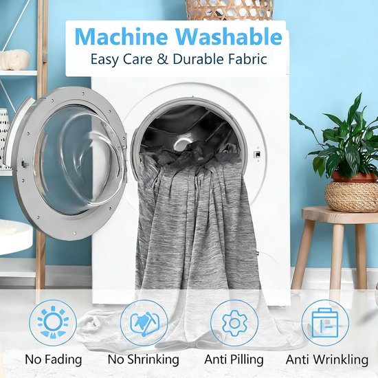 Grijze deken hangt uit een open wasmachine. Iconen tonen 'No Fading', 'No Shrinking', 'Anti Pilling', 'Anti Wrinkling'.