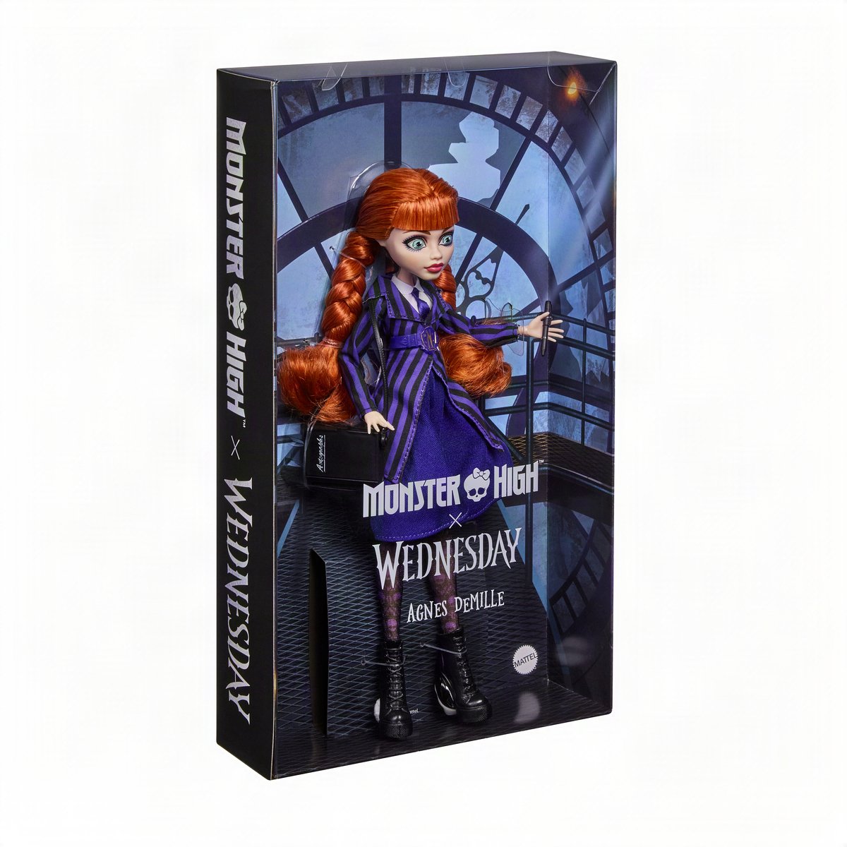 Monster High x Wednesday verzamelpop - Agnes DeMille met paars uniform en accessoires — afbeelding 6