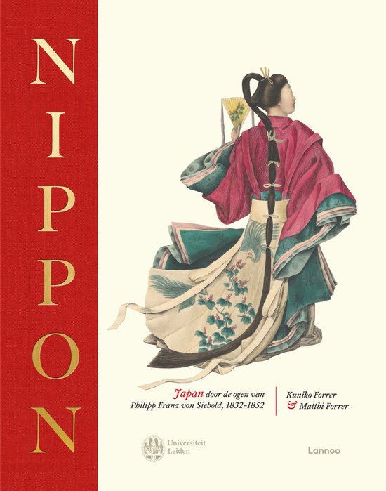 Boek 'Nippon' met rode kaft en gouden letters. Rechts een illustratie van een Japans figuur in traditionele kleding met waaier.