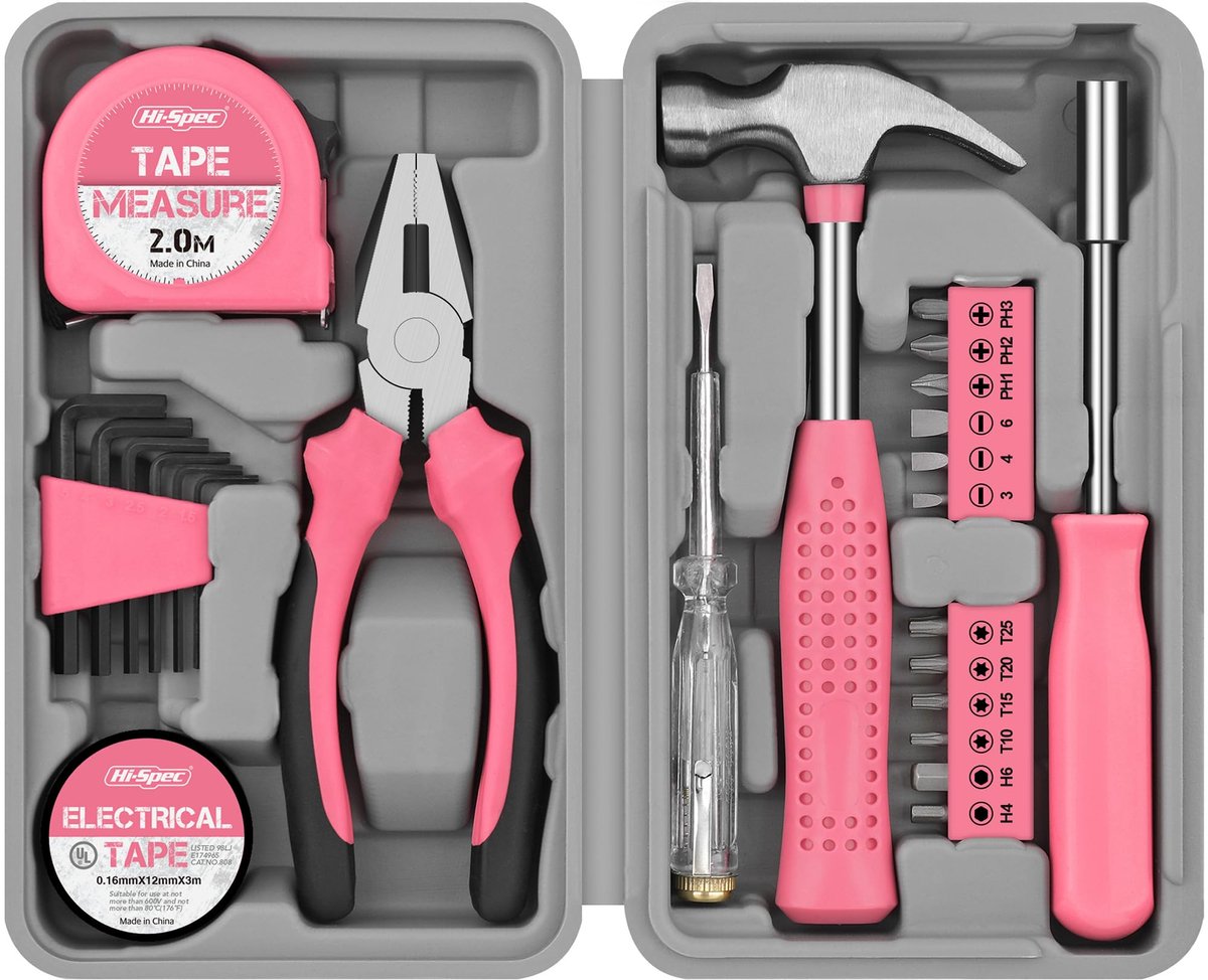 Famanu – Huishoudelijke gereedschapsset voor huis, garage en klussen, roze, compleet met verschillende gereedschappen voor al uw klussen