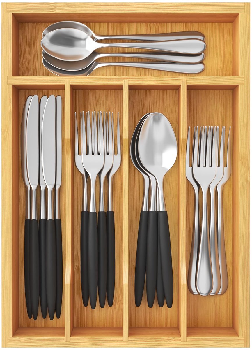 Famanu – Bamboe bestekbak voor lades, besteklade organizer van 32 cm breed, diepte 23,1 cm, voor lepels, vorken en messen