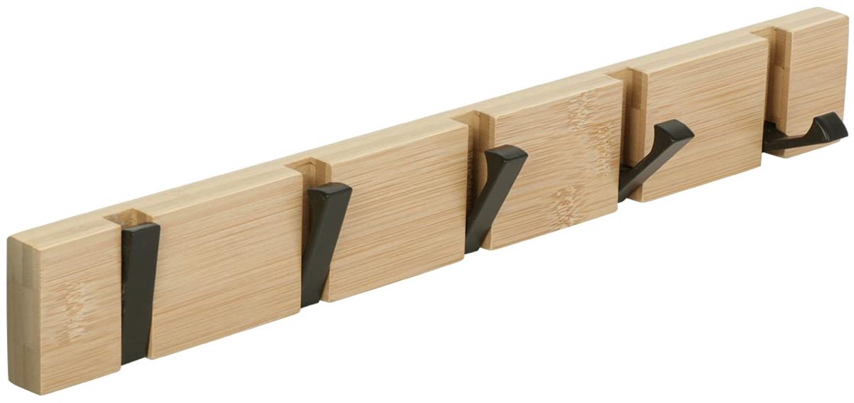 Famanu – Wandkapstokhaak, moderne kapstoklijst van hout, opvouwbare kledinghaak van bamboe met 5 beweegbare haken voor jassen, mantels, sjaals en handtassen, natuur