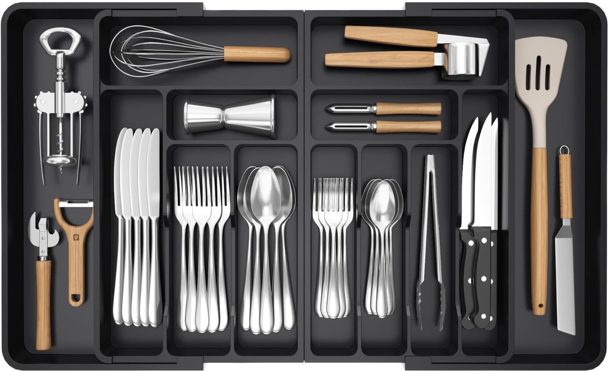 Famanu – Extra grote besteklade organizer, uitbreidbaar tot 91 cm, verstelbare bestekhouder van compact plastic, zwart