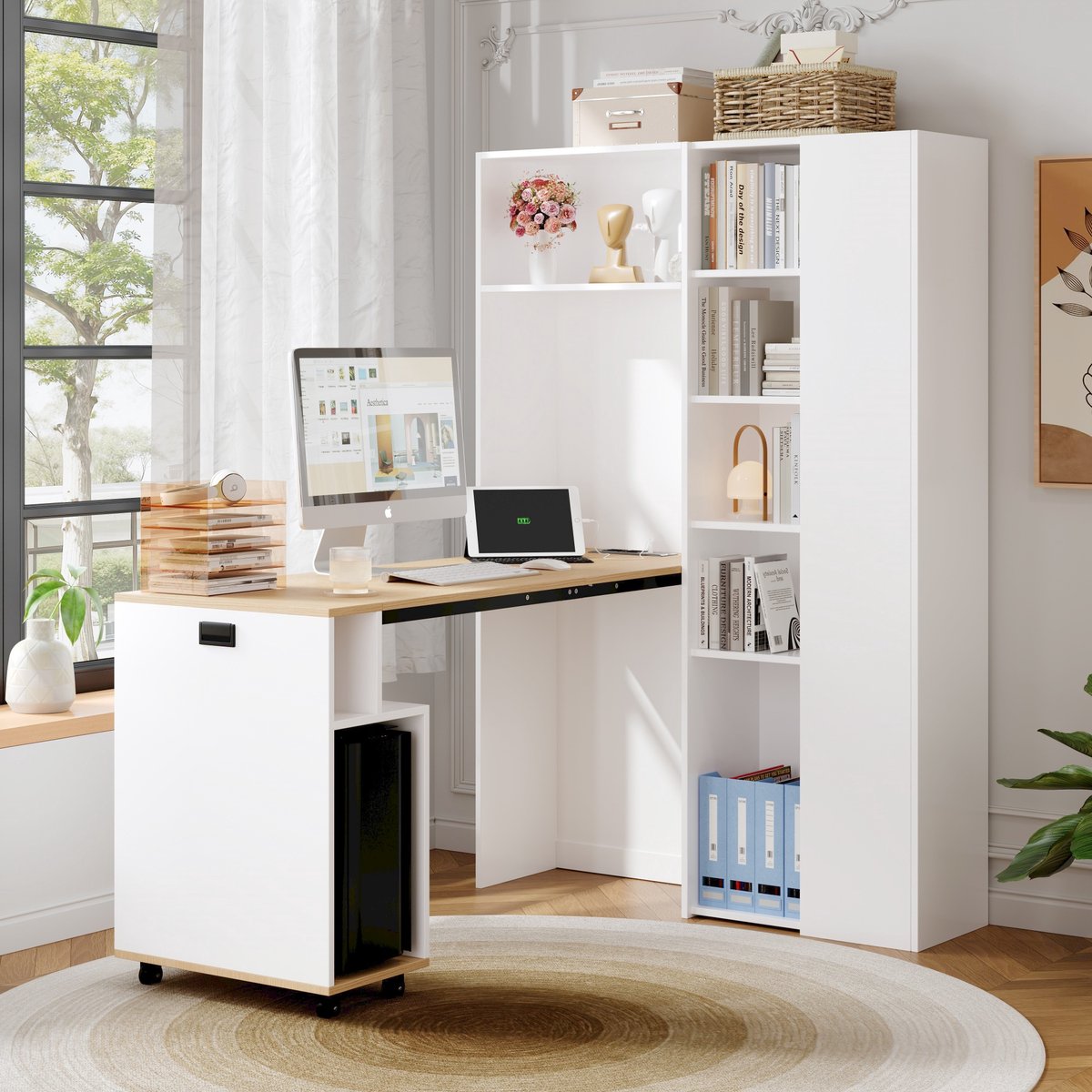 Wishdor Klapbaar bureau - 2-in-1 boekenrek - Met stekkerdoos en usb-aansluiting - Met kippschutz - Wit eiken - 104,5 x 30,5 x 160 cm