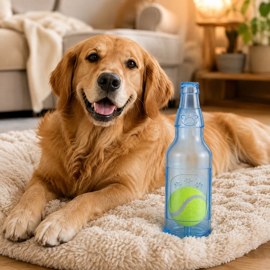 Golden retriever naast een blauwe fles met groene bal, liggend op een vloerkleed.