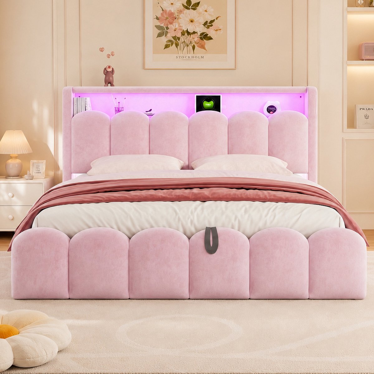 OKWISH Gestoffeerd Bed 180 x 200 cm - Tweepersoonsbed Met LED Verlichting, USB en Type C - Hydraulische Opbergruimte - Roze - Zonder Matras