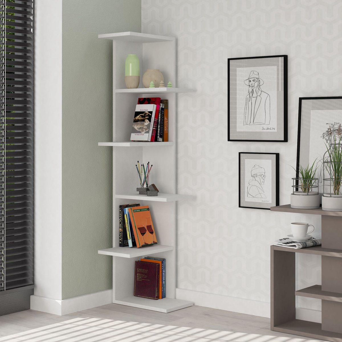 Skye Decor , Boekenkast, Saso - White, Gemelamineerde spaanplaat, Wit, 37 x 24 x 141 cm