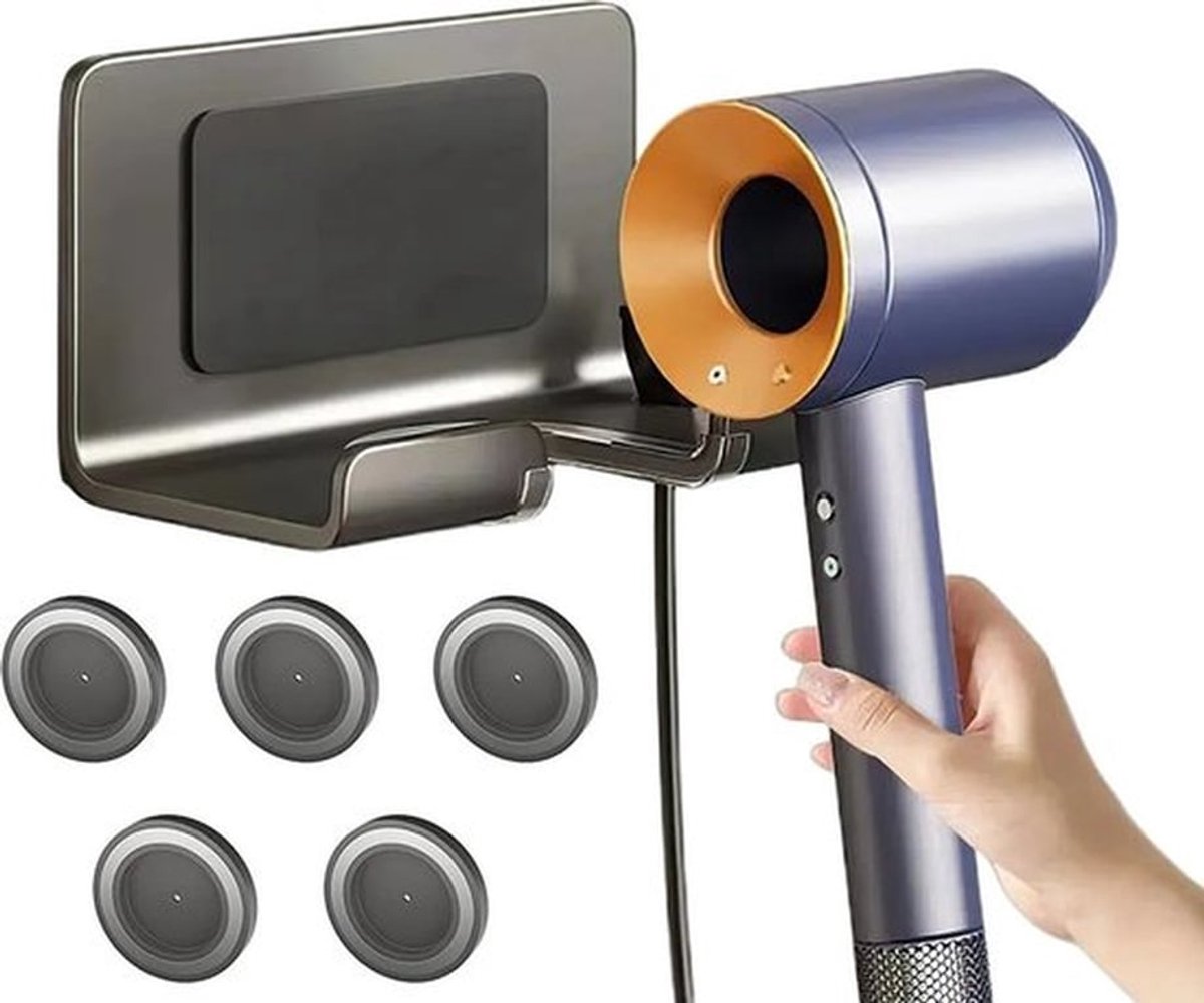 Haardrogerstandaard, haardrogerstandaard Geschikt voor haardrogers, wandgemonteerde haardrogerstandaard met 5 magnetische mondstukhouders, grijs.