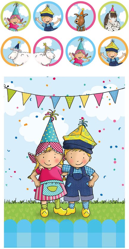 Een Fien & Teun feest poster met zeven ronde stickers van de karakters.