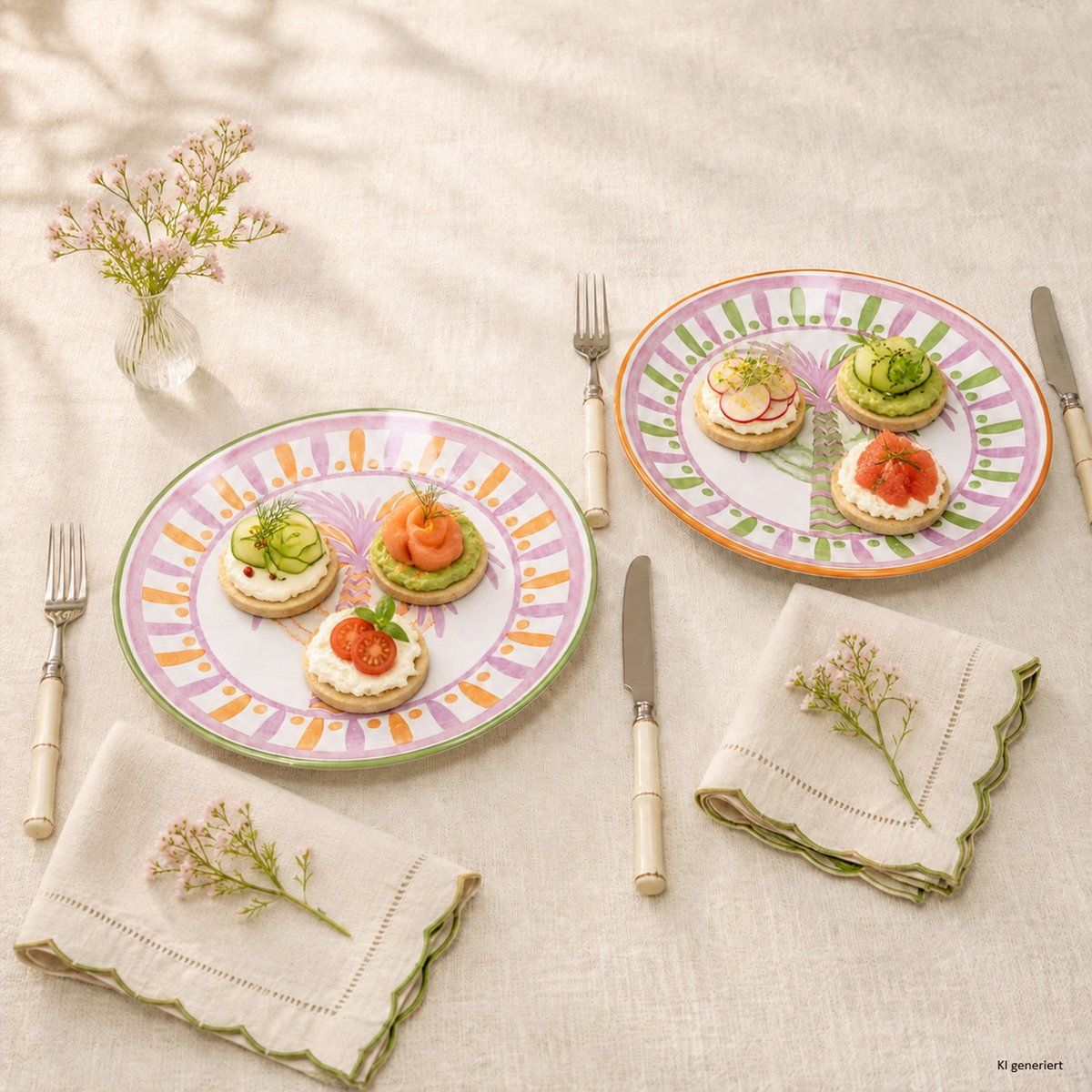 6-delige set TROPICANA dinerborden 3x palm groen-paars & 3x palm oranje-paars van aardewerk – 24325141