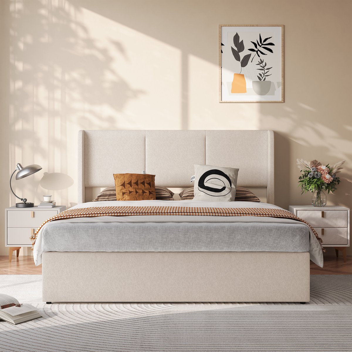 Tweepersoonsbed 140x190 cm met Opbergruimte-Opbergbed met Hydraulisch Liftsysteem-Gestoffeerd Bed-Massief Houten Lattenbodem -Linnen -Beige -Zonder Matras