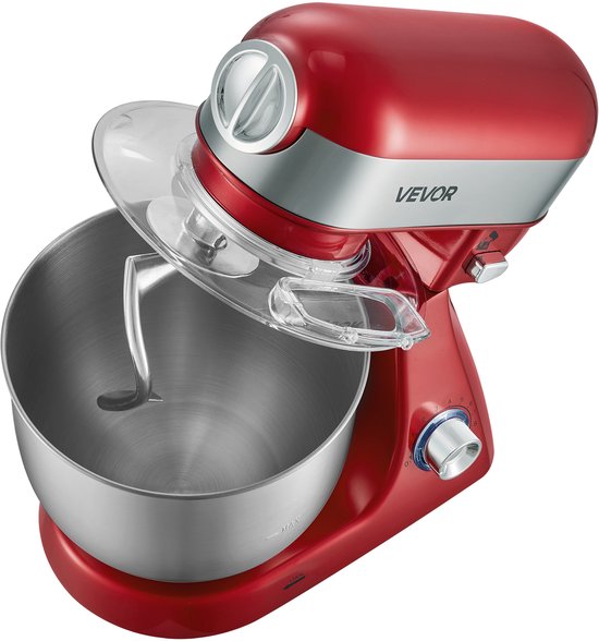 VEVOR Elektrische Staande Mixer 5L 1000W Deegmachine voor Koekjesdeeg en Crème, Deegkneedmachine met 10 Snelheidsinstellingen, SUS304 Mengkom, Kantelbare Kop, Spatbescherming en Antislipvoetjes, Rood van Vevor — afbeelding 2