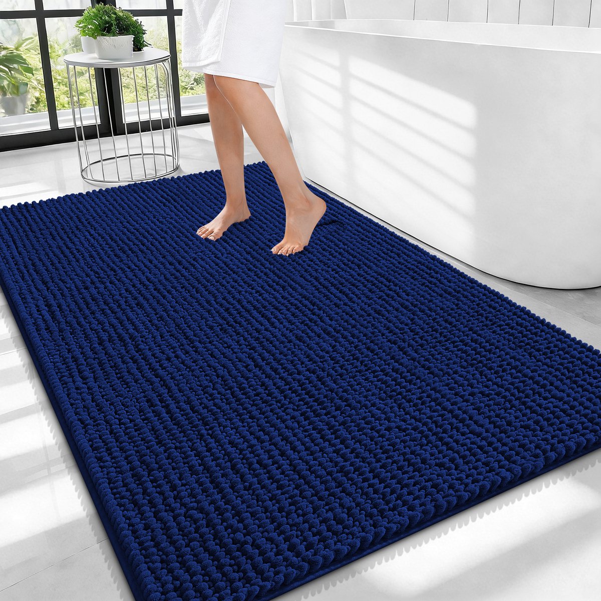 Olanly Badmat Antislip – Chenille Douchemat – Badmat Badkamer – Super Absorberend Deuropmat – Marineblauw – 82X102cm