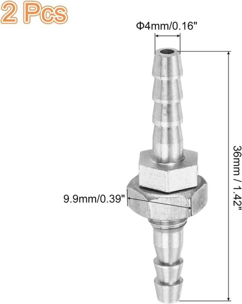 Messing slangkoppelingen voor water- en luchtslangen - 2 stuks - Rechte connector - 3/16" ID - 1,42" x 0,39"