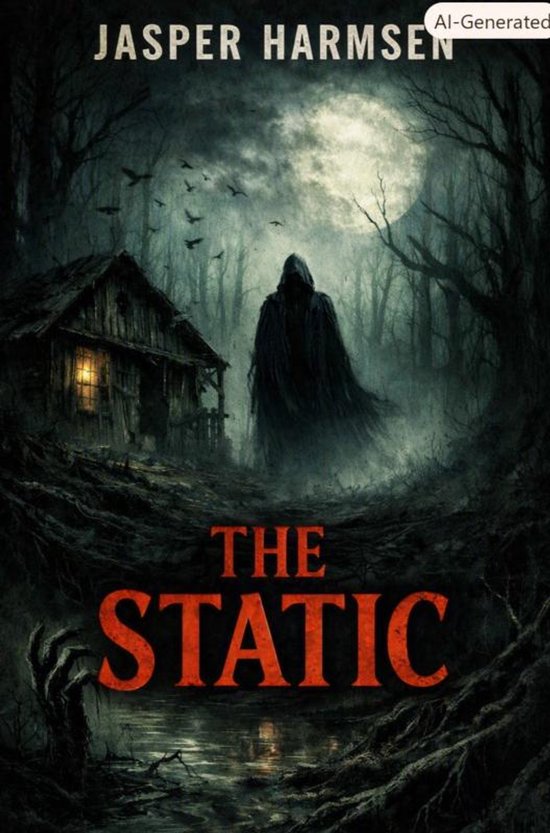 Boekcover 'The Static' met een spookfiguur voor een verlaten huis bij volle maan. Tekst: Jasper Harmsen, The Static.