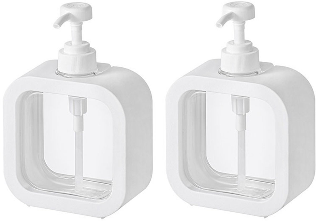 2 stuks Lege fles zeepdispenser - zeep- en vloeistofdispenser voor handzeep - transparante drukzeepdispenser - 500ml- reisfles voor douchegel - draagbare zeepdispenser - geschikt voor keuken, badkamer en reizen - wit & transparant