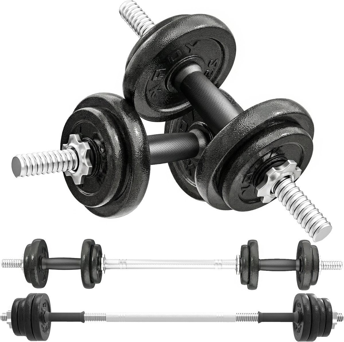 2 - in - 1 halterset: halters en barbell - verstelbaar tot 20 kg - met antisliphandgreep voor krachttraining thuis - grijs