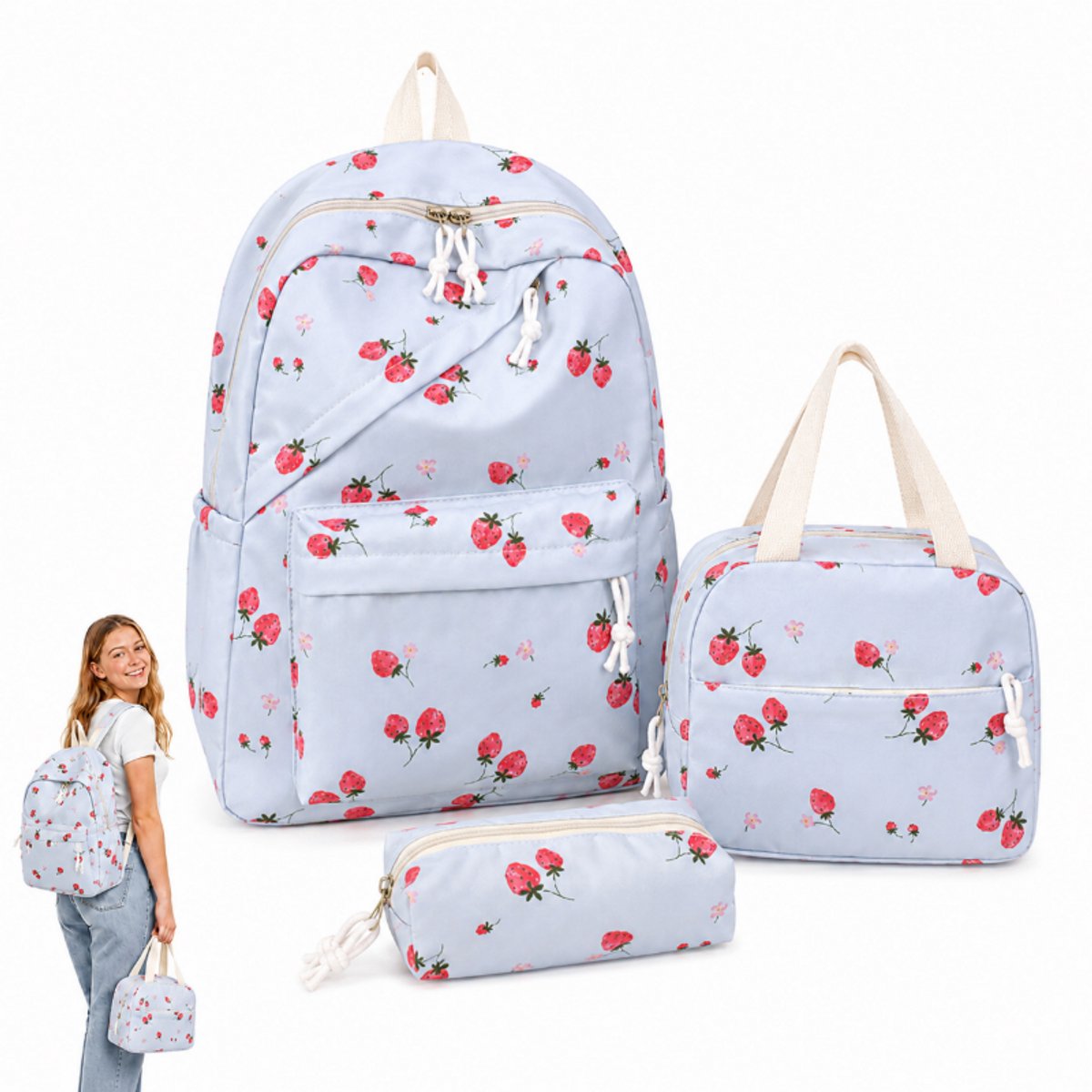 Bobypet - Rugzak 3-in-1 Set - Met Koeltas en Etui - Strikjes Design - Waterafstotend - Lichtgewicht Schooltas & Laptoptas tot 17 Inch - Blauw
