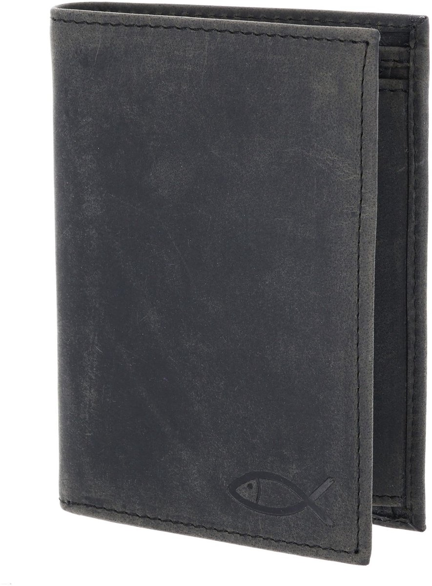 oxmox Leren portemonnee Leather RFID Protect Kombibörse Freedom Fish Embossed Vintage Black zwart