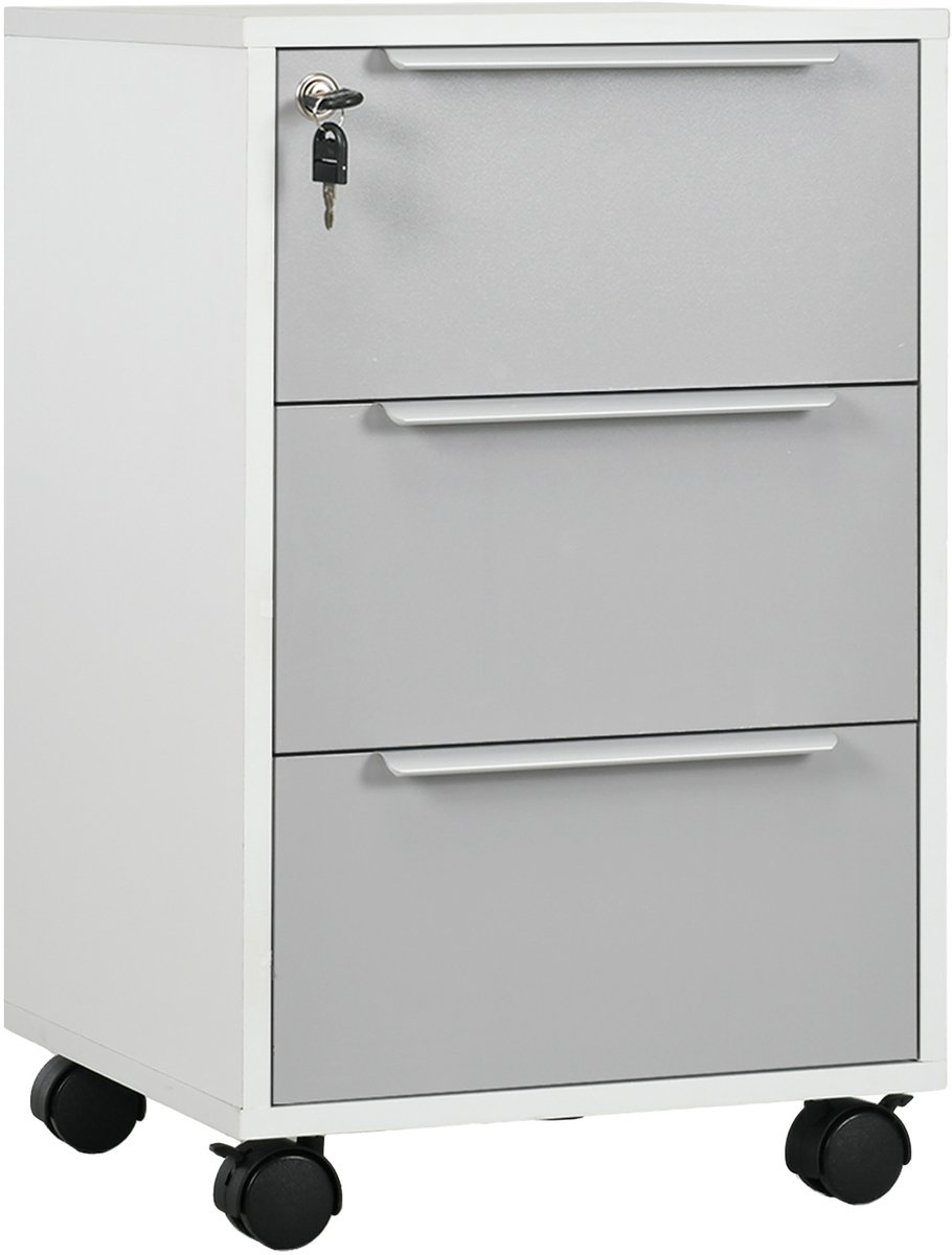 Mobiele bureaukast met 3 laden - slot - 40 x 40 x 63,5 cm - wit en grijs