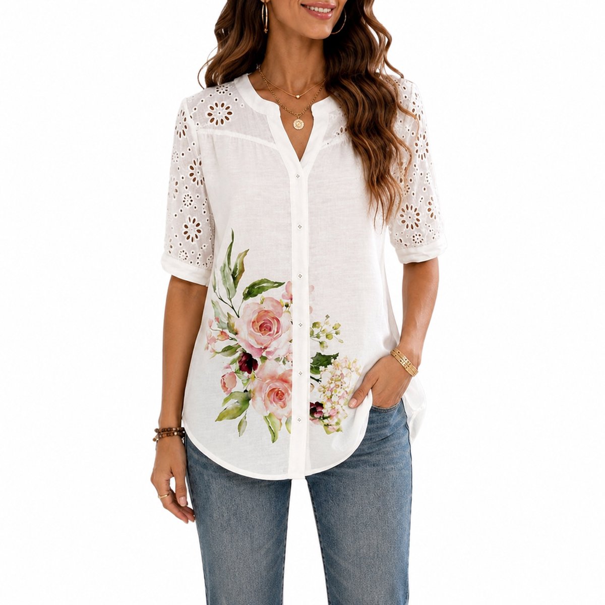 Blouse met Bloemen - Wit - Dames - Zomer - Broderie Anglaise