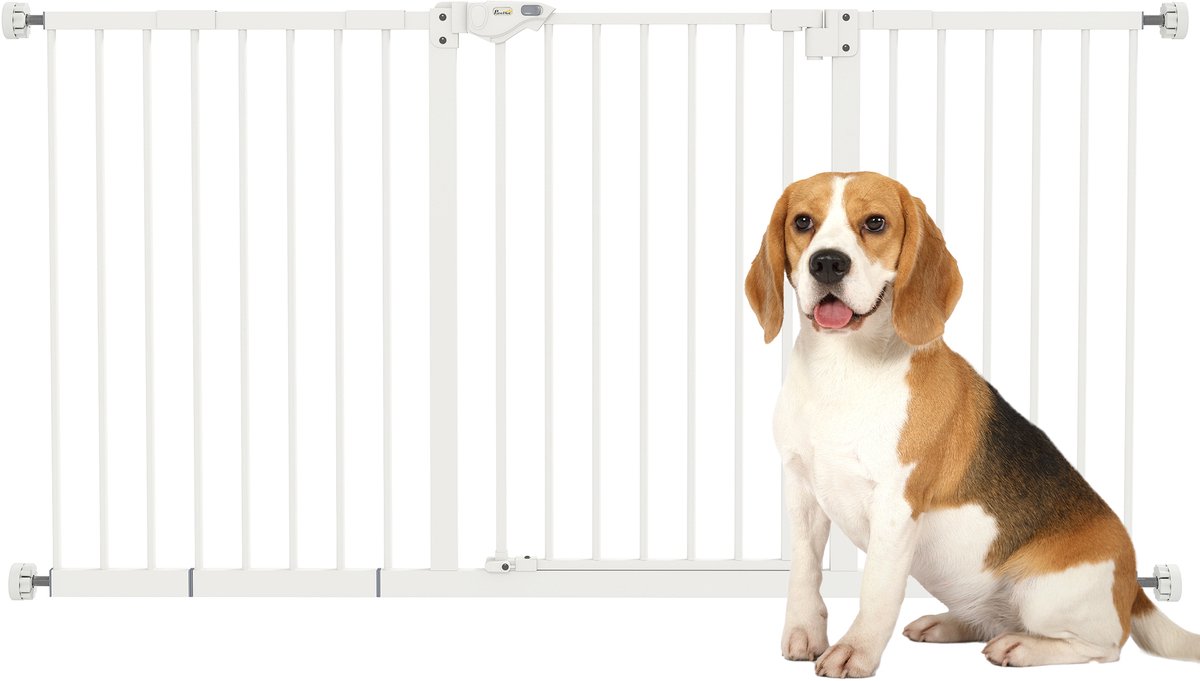Veiligheidshek voor dieren - automatische sluiting - dubbel vergrendelingssysteem - zonder boren - 3 verlengstukken - wit