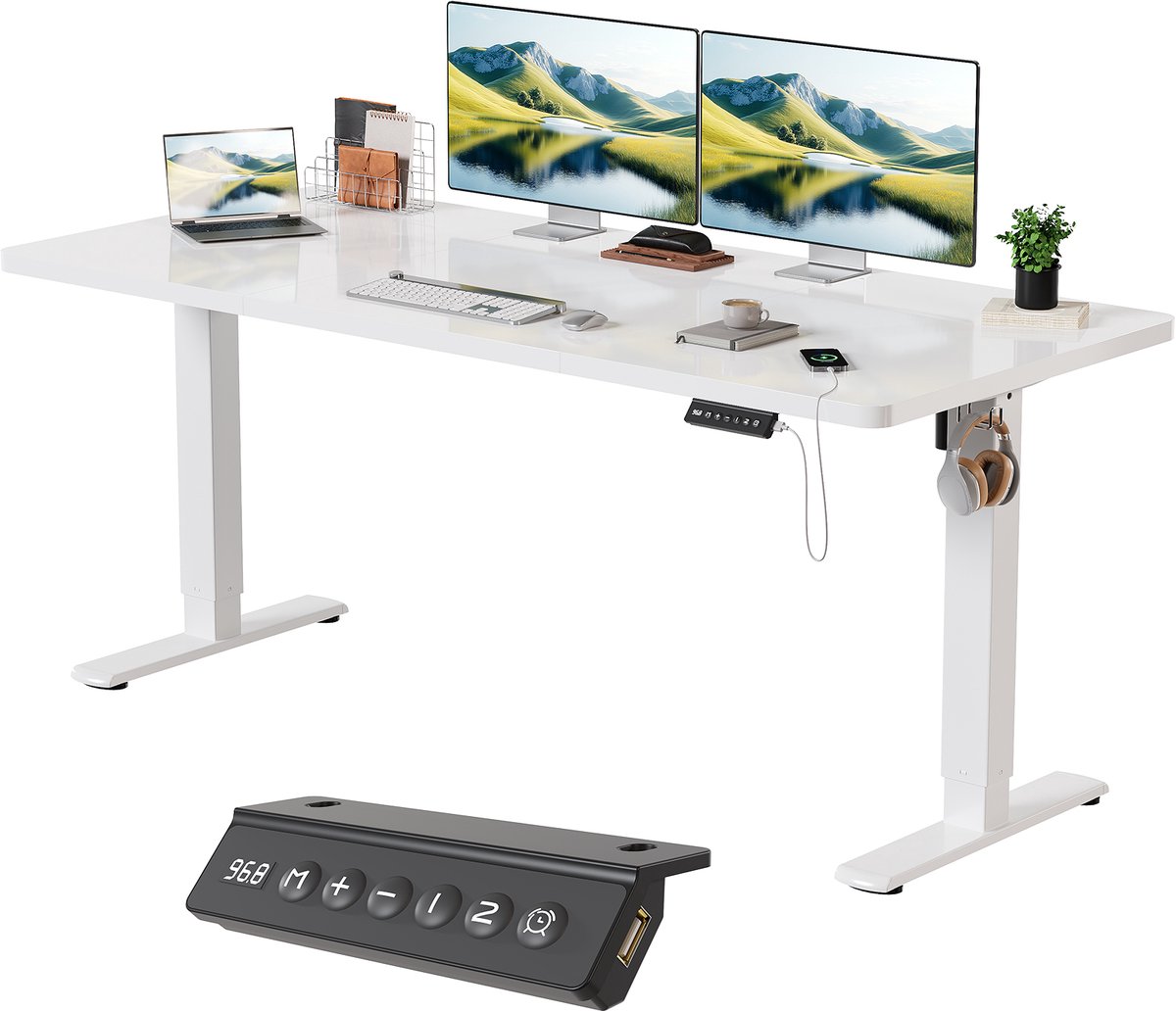 Devoko Elektrisch Zit-Sta Bureau 180x80 cm - Extra Groot Werkblad - Dubbele Dwarsbalk - Zit-herinnering - 2 Geheugenstanden - Wit frame met beige blad