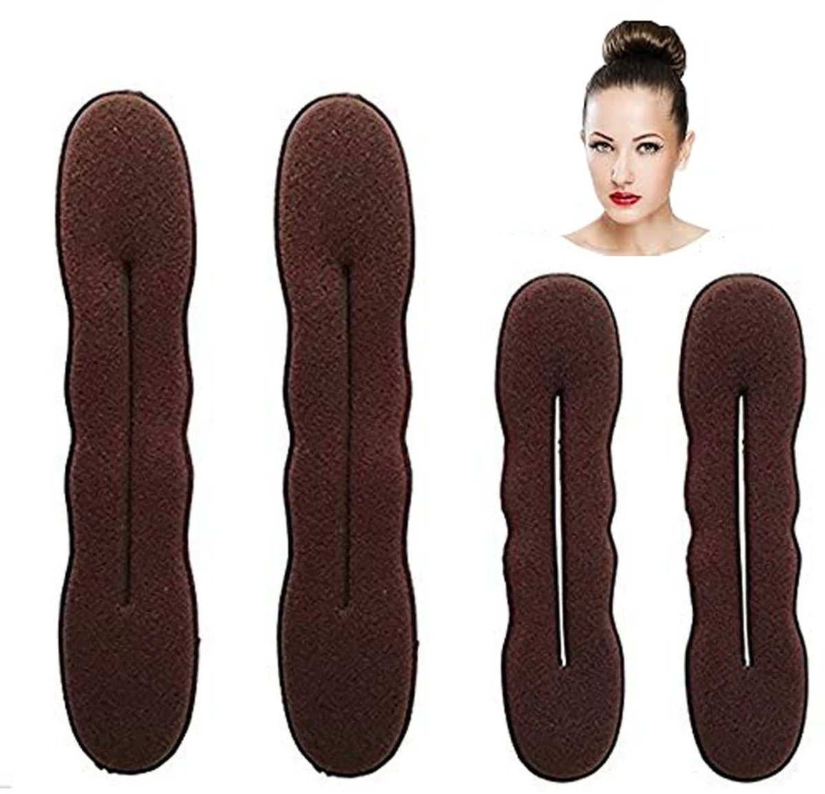 4-pack knotmaker (2 kleine, 2 grote), magische haarknotmaker, schuimspons knotvormer accessoires voor opgestoken kapsels, ballet, Franse twist, golven, Bruin