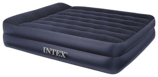 Donkerblauw Intex luchtbed met gewatteerd hoofdeinde, ribbelpatroon en ingebouwde pomp.