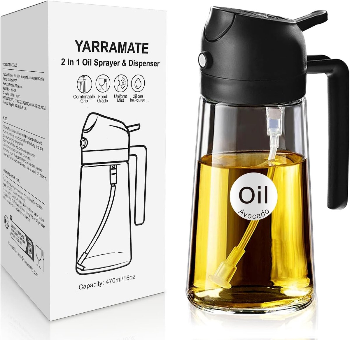 Olijfoliesprayer - Zwart - 470 ml - Glas en BPA-vrij PP - 2-in-1 Kooksproeier voor Gezond Koken