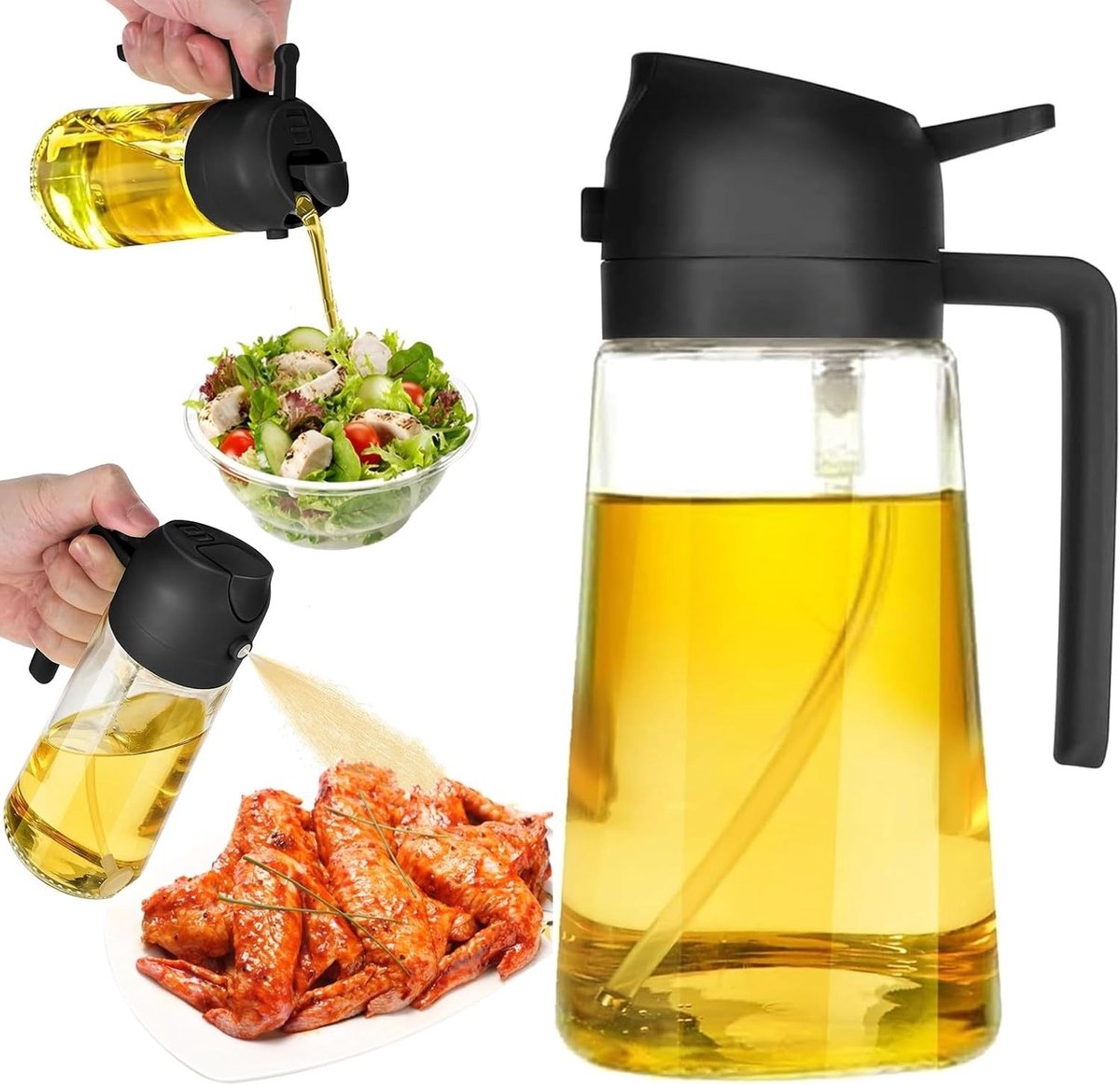 Olijfoliesprayer - Zwart - 500 ml - 2-in-1 Oliesproeier en Azijnverstuiver - Voor Koken en Bakken
