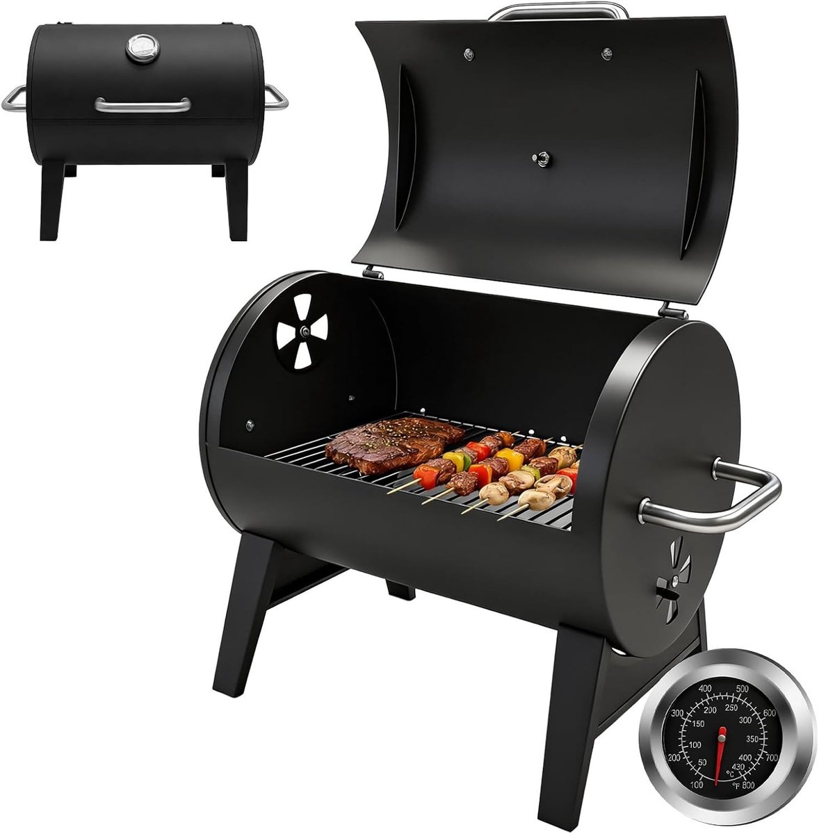 Plancha barbecue - Zwart - 43 x 32 cm - Houtskoolgrill met Thermometer - Voor Buitengebruik