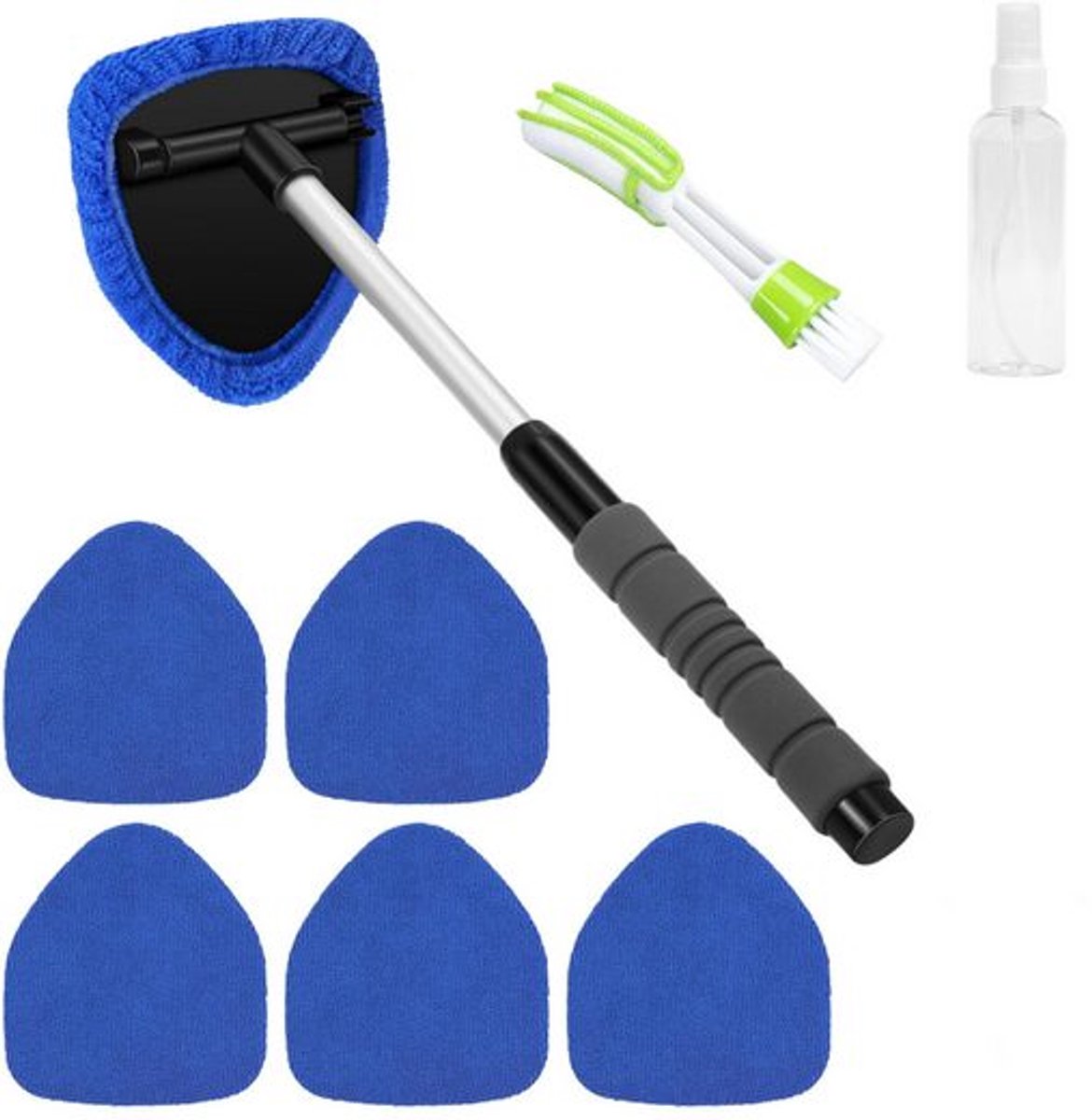 Claoner 6 stuks voorruit schoonmaakgereedschap - raam schoonmaak kit met 5 herbruikbare ultrafijne vezel mat - 1 sprayfles - uittrekkbare lange handvat - auto interieur glas wiper kit - blauw