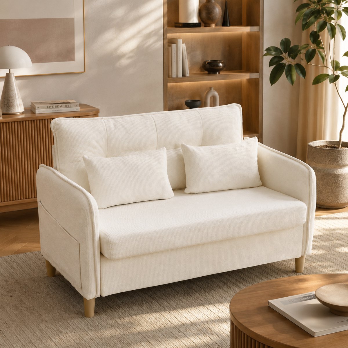 Welltin Tweezitsbank - 2-zits bank - Comfortabele zitbank - Kleine Sofa - 127x75x83 cm - Zacht zitkussen - Met zakken aan de zijkant - Met armleuningen - Chenille - Geschikt voor kantoren, woonkamers en studeerkamers - Beige