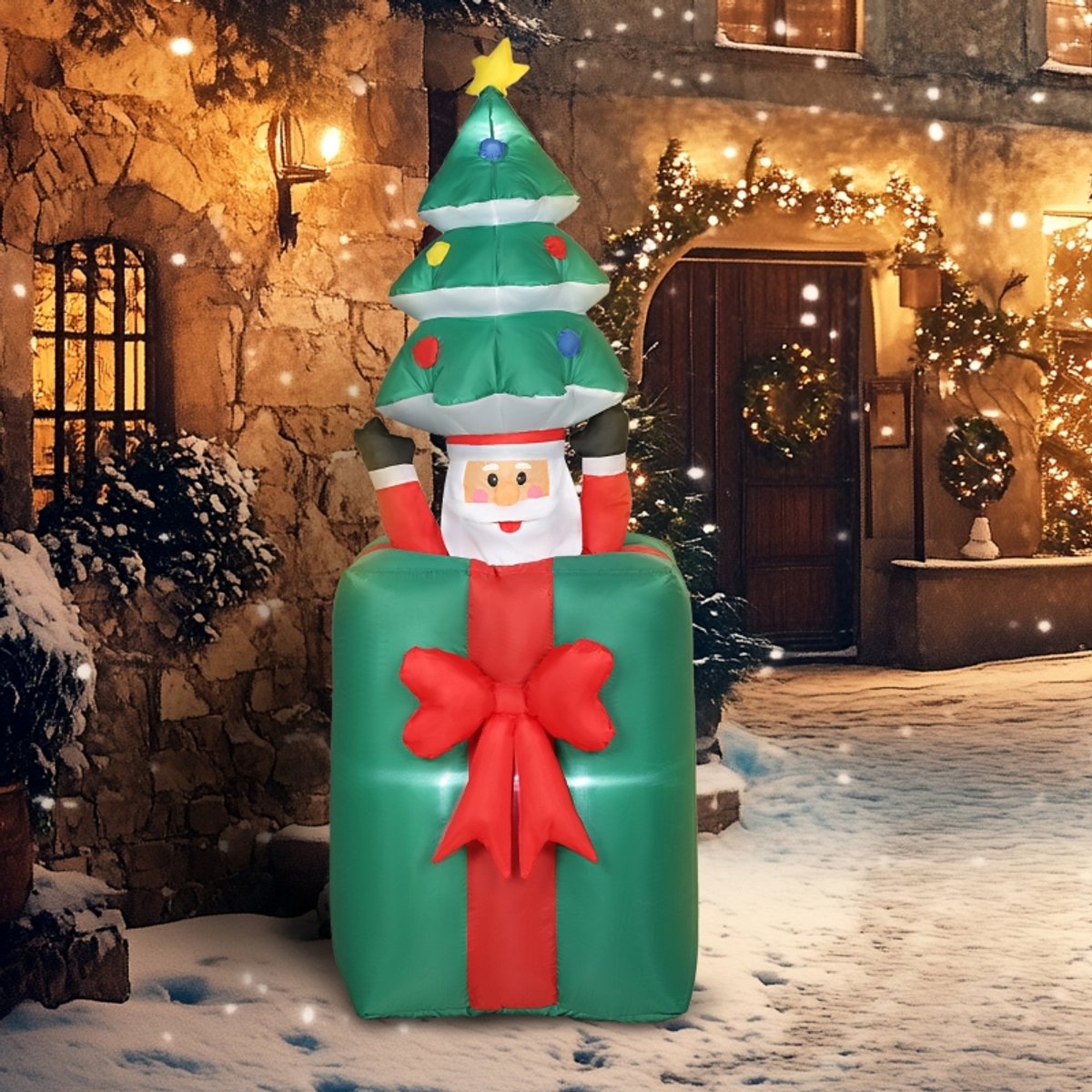 REDOM - Opblaasfiguur voor kerstdecoratie - Kerstman uit cadeaudoos - Met LED-verlichting en blower - Voor binnen en buiten - Polyester - Rood - 213 cm