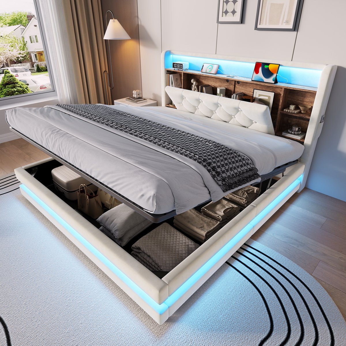 STILVORA Gestoffeerd Bed 140 x 200 cm – Polsterbed Met Opbergruimte, LED Verlichting, USB En Type C – Hydraulische Bedbox – Beige – Zonder Matras