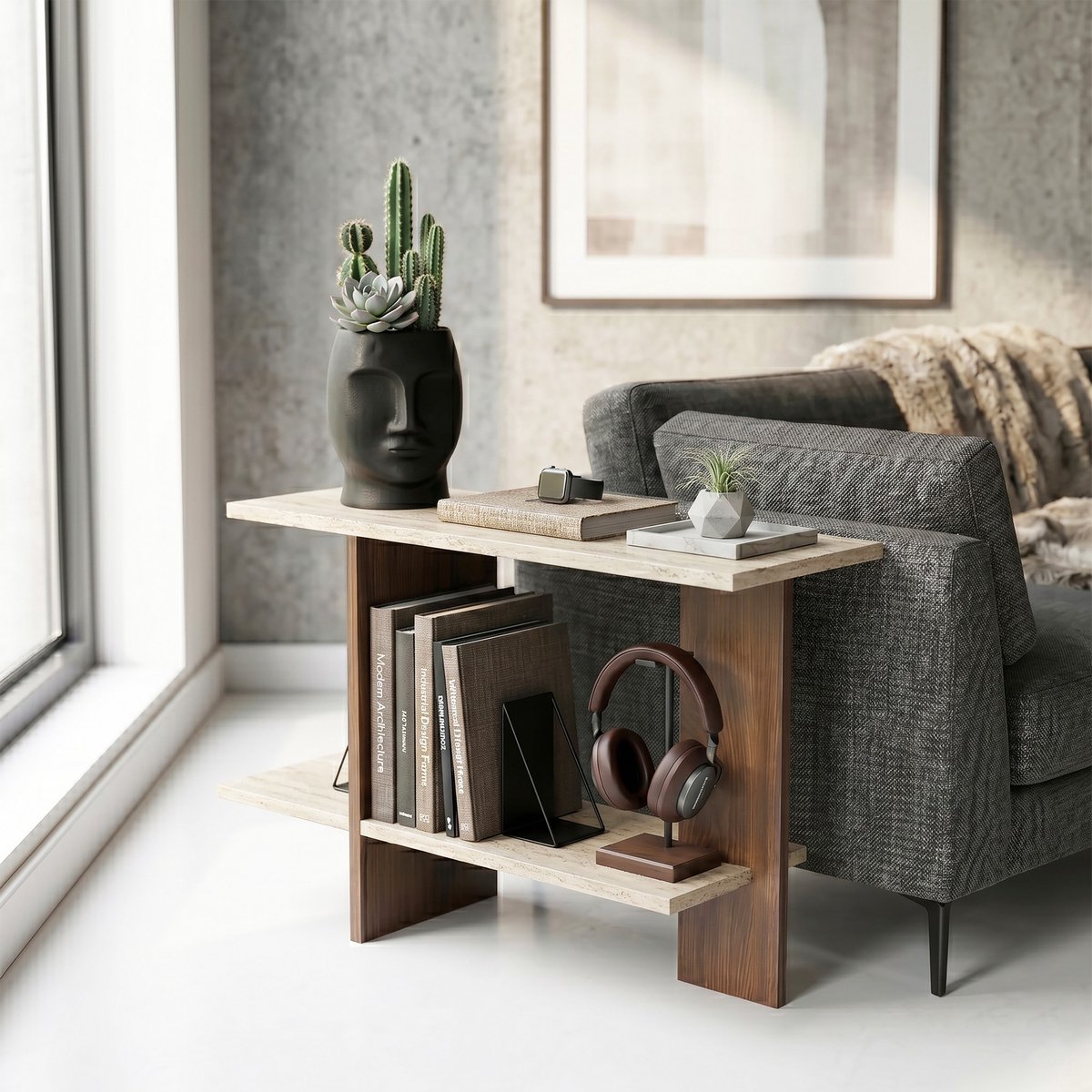 Asir - Bijzettafel - Travertijn en Walnoot - 80 x 30 x 55 cm